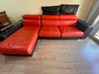 Sofá Chaise Longue de Piel Naranja y Marrón