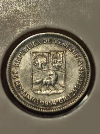 25 Céntimos Venezuela 1954 Plata Ley .835