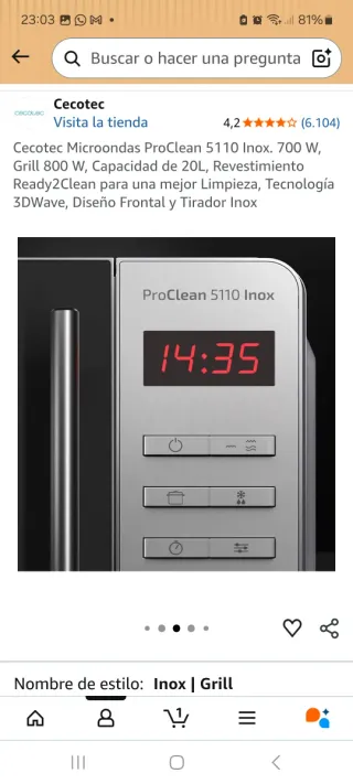 Microondas Cecotec 20L con Grill