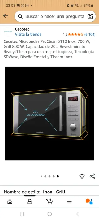 Microondas Cecotec 20L con Grill