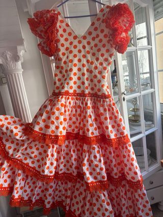 Vestido Flamenco Lunares Naranja y Blanco