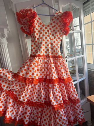 Vestido Flamenco Lunares Naranja y Blanco