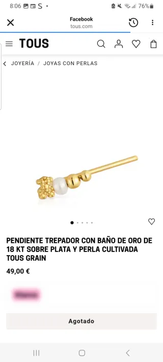 Pendiente trepador TOUS oro y perla.