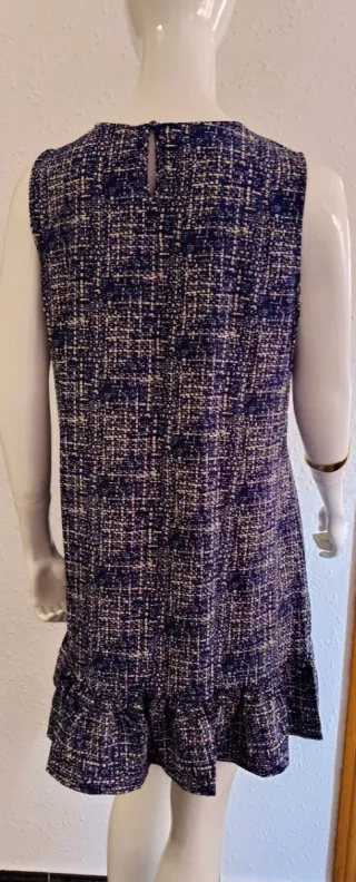 Vestido azul estampado tweed con volantes