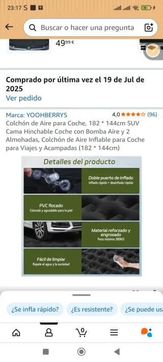 Colchón Hinchable Coche 182x144cm. Usado una vez