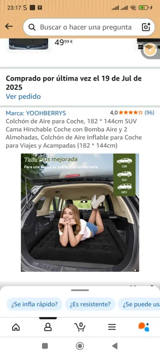 Colchón Hinchable Coche 182x144cm. Usado una vez