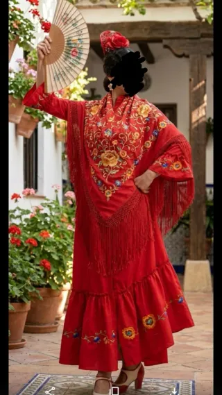 Bata flamenca roja bordada. Hecha a mano. Talla 44
