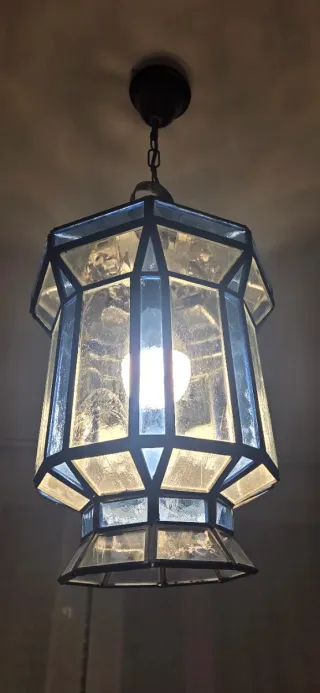 Farol artesanal forja y cristal azul