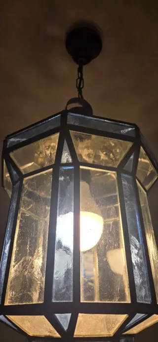 Farol artesanal forja y cristal azul