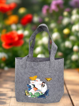 Bolso de fieltro con estampado de pájaros y maripo