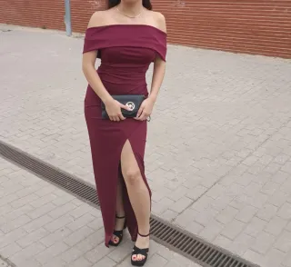 Vestido largo burdeos escote Bardot