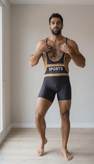 Malla lucha wrestling singlet negra y dorada L