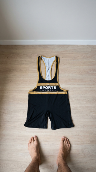 Malla lucha wrestling singlet negra y dorada L