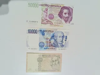 Billetes antiguos Italia 1000, 10000, 50000 Lira