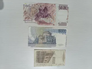 Billetes antiguos Italia 1000, 10000, 50000 Lira