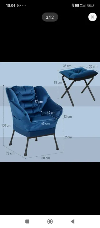 Poltrona blu relax con poggiapiedi e tasche, nuova