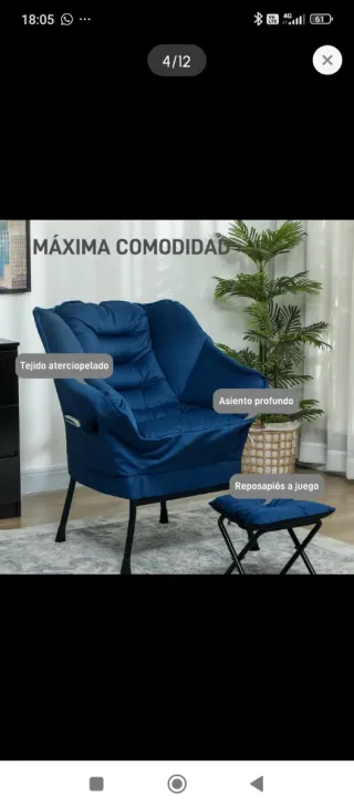 Poltrona blu relax con poggiapiedi e tasche, nuova