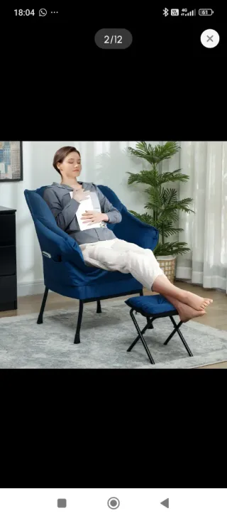 Poltrona blu relax con poggiapiedi e tasche, nuova