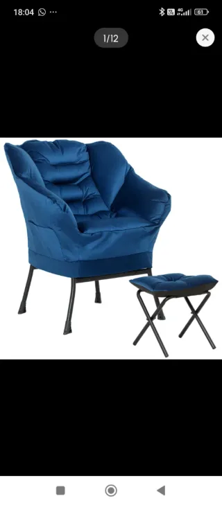 Poltrona blu relax con poggiapiedi e tasche, nuova