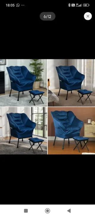 Poltrona blu relax con poggiapiedi e tasche, nuova