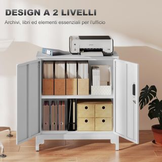 Armario para Documentos de Metal con Cerradura de Llave, Mueble de Oficina con 2 Puertas y 2 Estantes, Mueble Portadocumentos, para Casa, Estudio, Oficina, Garaje, 80X35X91 Cm, Blanco