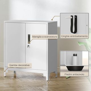 Armario para Documentos de Metal con Cerradura de Llave, Mueble de Oficina con 2 Puertas y 2 Estantes, Mueble Portadocumentos, para Casa, Estudio, Oficina, Garaje, 80X35X91 Cm, Blanco