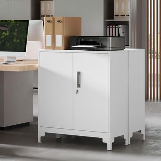 Armario para Documentos de Metal con Cerradura de Llave, Mueble de Oficina con 2 Puertas y 2 Estantes, Mueble Portadocumentos, para Casa, Estudio, Oficina, Garaje, 80X35X91 Cm, Blanco