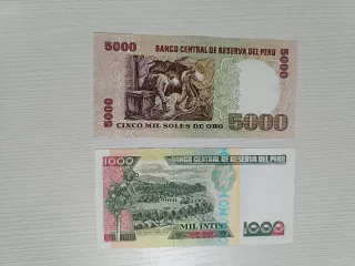 Billetes Antiguos Perú 5000 y 1000 Soles