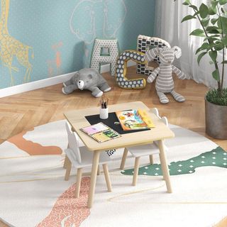Conjunto de Mesa y 2 Sillas para Niños de 3 a 6 Años, Mesa para Niños 3 en 1 con Pizarra Extraíble, Compartimento de Almacenamiento y Sillas con Respaldo de Osito, para Habitación Infantil y Sala ...