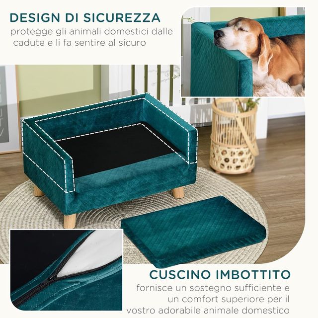Sofá para Perros y Gatos con Diseño Escandinavo y Cojín Acolchado, Cama para Animales de Interior en Terciopelo y Madera, 64X45X36Cm, Azul