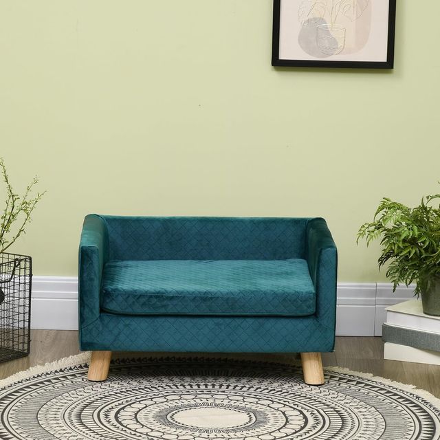 Sofá para Perros y Gatos con Diseño Escandinavo y Cojín Acolchado, Cama para Animales de Interior en Terciopelo y Madera, 64X45X36Cm, Azul