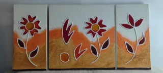 Cuadros Tríptico Flores Naranja y Rojo