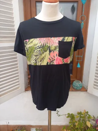 Camiseta Hawaiana Negra Manga Corta Hombre