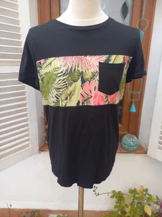 Camiseta Hawaiana Negra Manga Corta Hombre