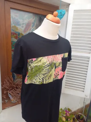 Camiseta Hawaiana Negra Manga Corta Hombre