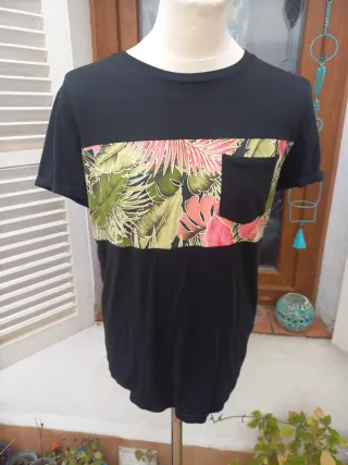 Camiseta Hawaiana Negra Manga Corta Hombre