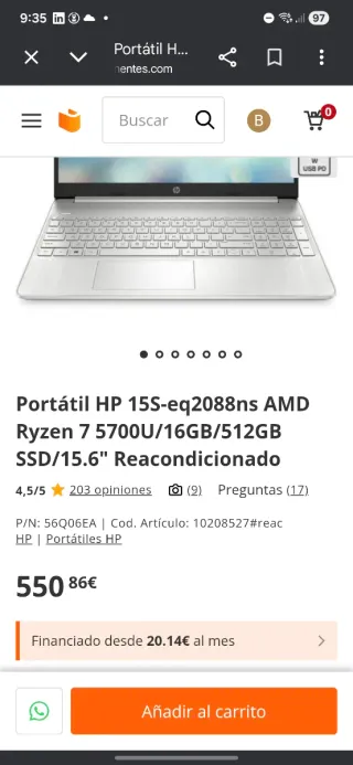 Portátil HP 15S-eq2088ns Ryzen 7 16GB/512GB