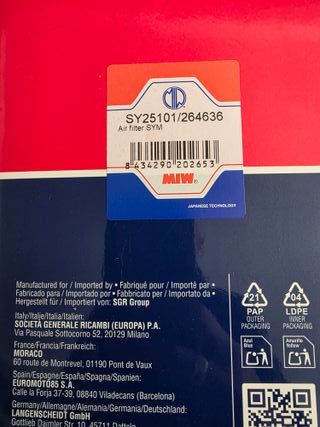 FILTRO AIRE - SYM - VS 125/150 - EURO 3 - NUEVO