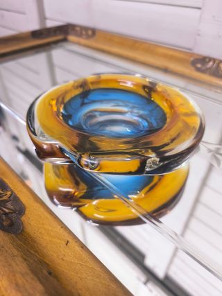 Cenicero Jarrón Vintage Cristal Azul Naranja