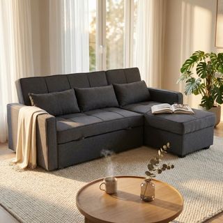 Divano Letto Penisola Tessuto Grigio Scuro 210 cm