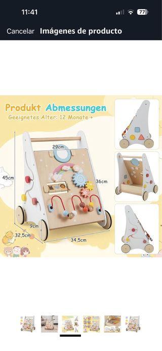 Andador de madera y centro actividades. Montessori