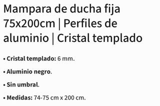 Mampara Ducha Fija 75x200cm Perfiles Aluminio