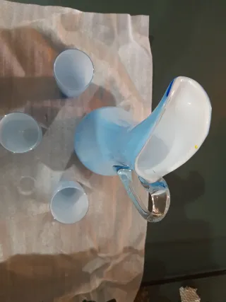 Jarra Murano y 3 vasos cristal azul/blanco