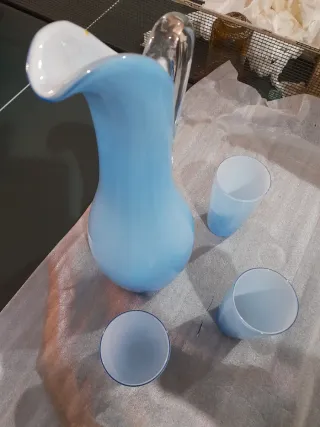 Jarra Murano y 3 vasos cristal azul/blanco