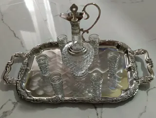 Botella Cristal y 6 Vasos de Chupito Alpaca Vintag