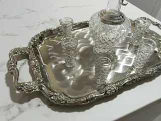 Botella Cristal y 6 Vasos de Chupito Alpaca Vintag