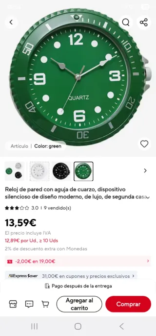 Reloj de Pared Moderno Verde Cuarzo