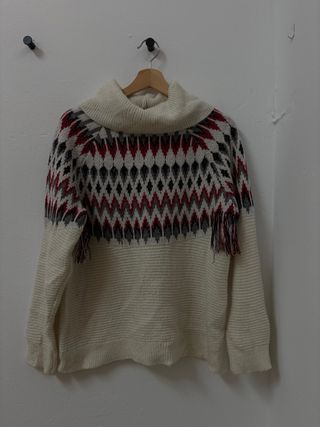 Jersey unisex de cuello alto, estampado y flecos