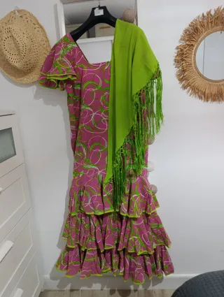 Traje Gitana Flamenca Rosa y Verde