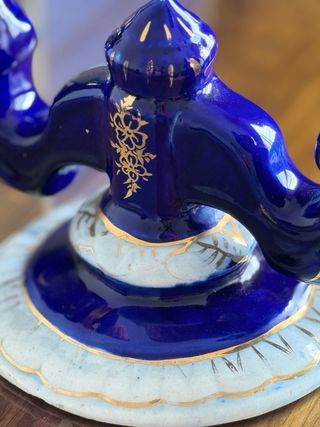 Candelabro doble azul cobalto y oro
